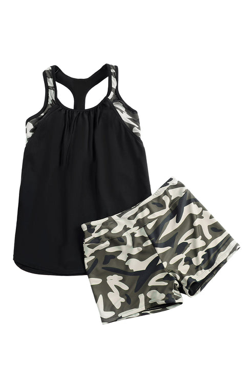 Black Contrast Splice Racerback Tankini Printed 2Pcs Set
